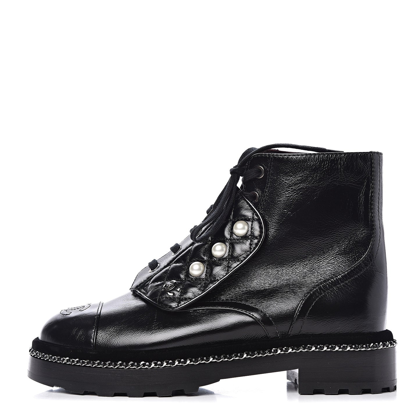 Crackled Calfskin Velvet Pearl Combat Short Boots 37.5 Black