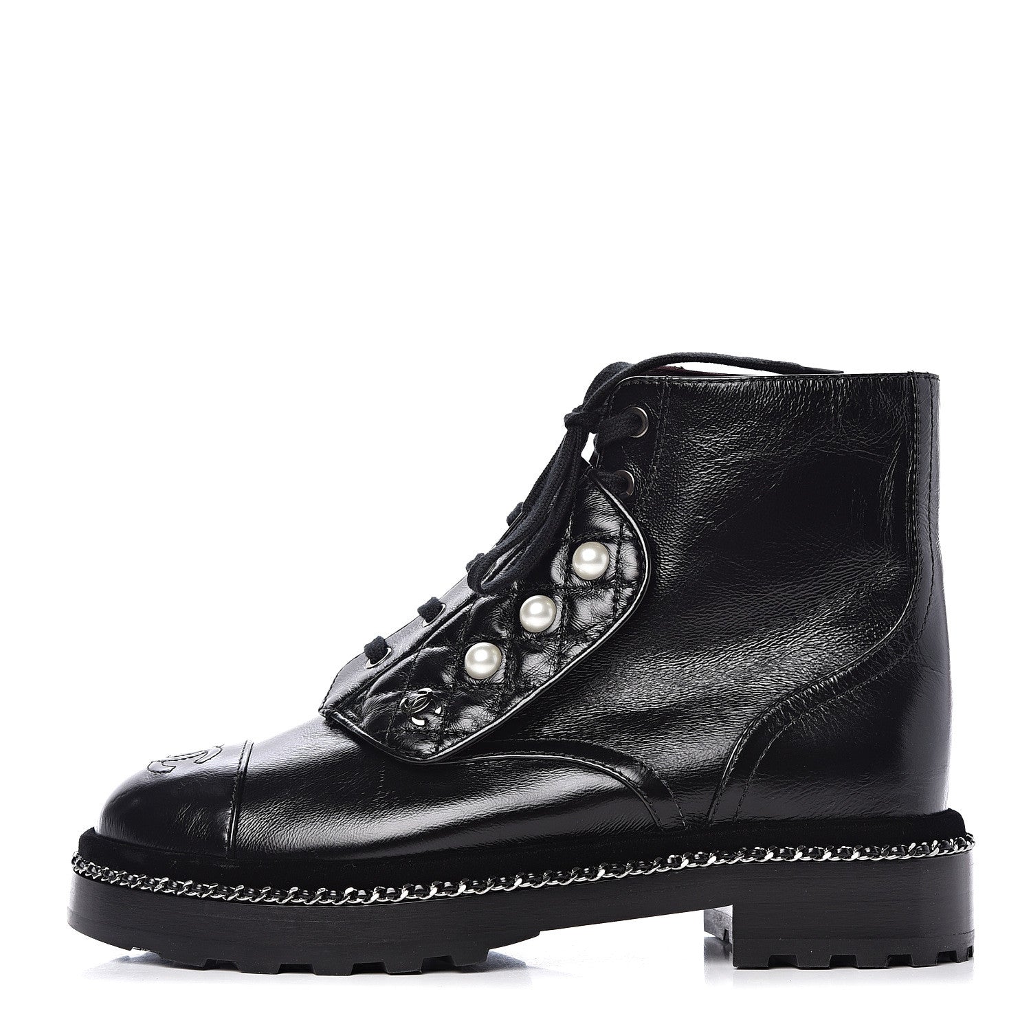 Chanel Crackled Calfskin Velvet Pearl Combat Short Boots 37.5 Black 1 of 8