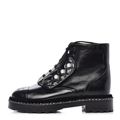 Chanel Crackled Calfskin Velvet Pearl Combat Short Boots 37.5 Black 1 of 8