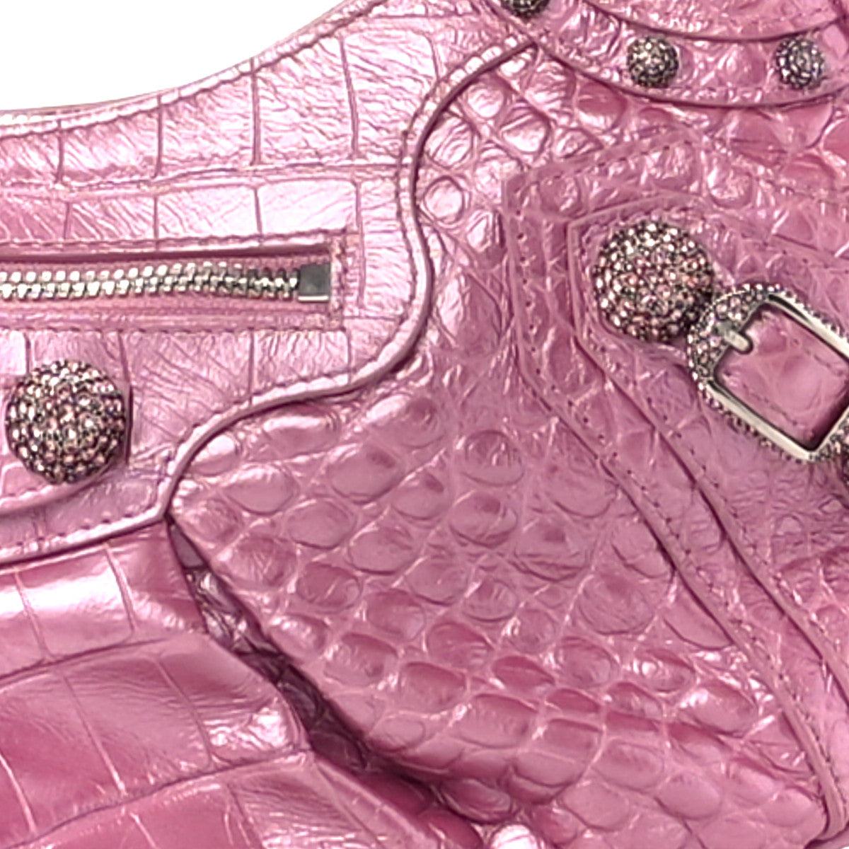 Metallic Extra Supple Calfskin Crystal Crocodile Embossed Small Le Cagole Shoulder Bag Pink