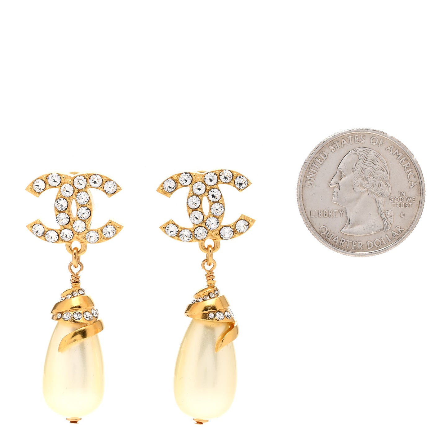 Crystal Long Pearl CC Drop Earrings Gold
