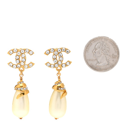 Chanel Crystal Long Pearl CC Drop Earrings Gold 2 of 4