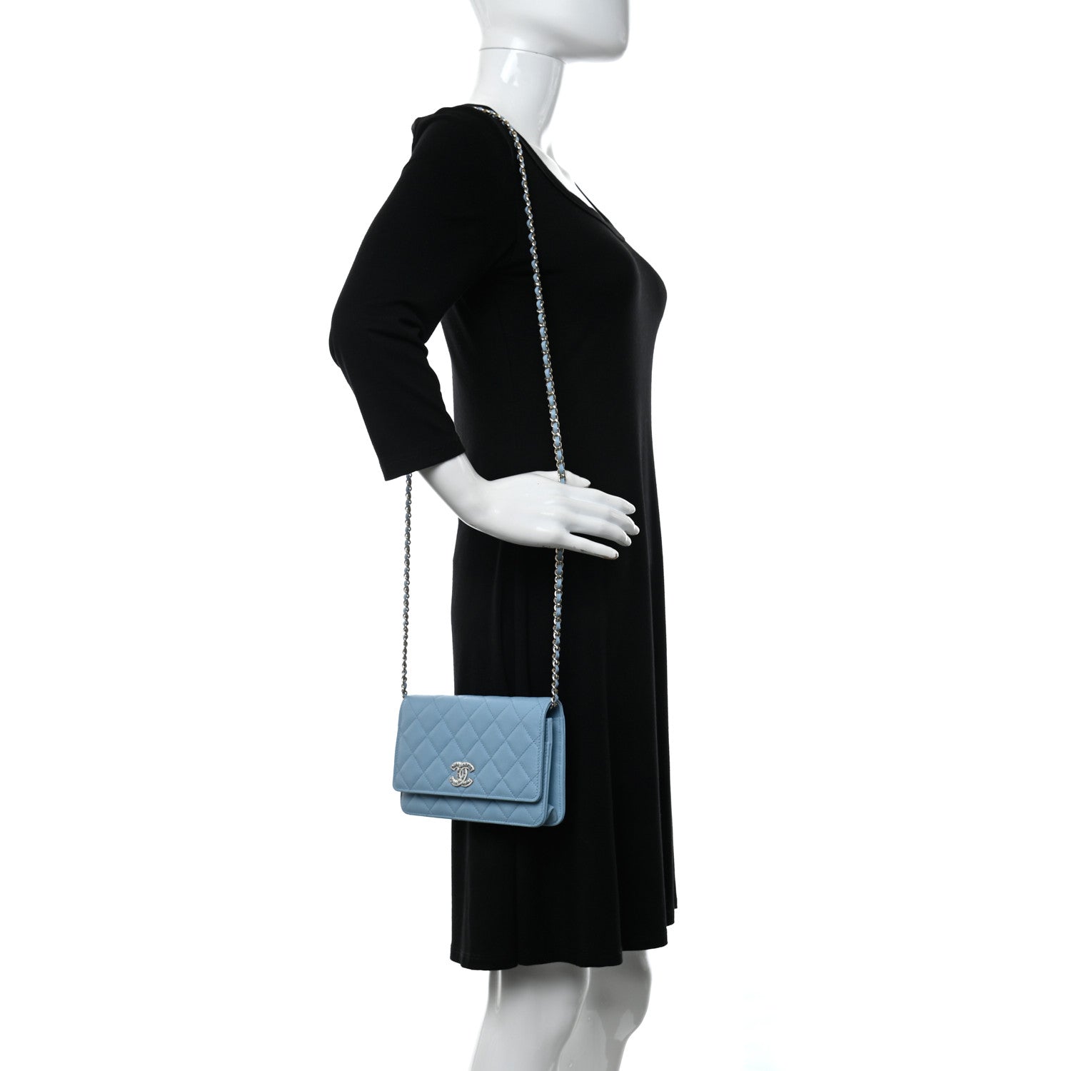 Chanel Caviar Quilted Crystal CC Wallet On Chain WOC Light Blue 2 of 12