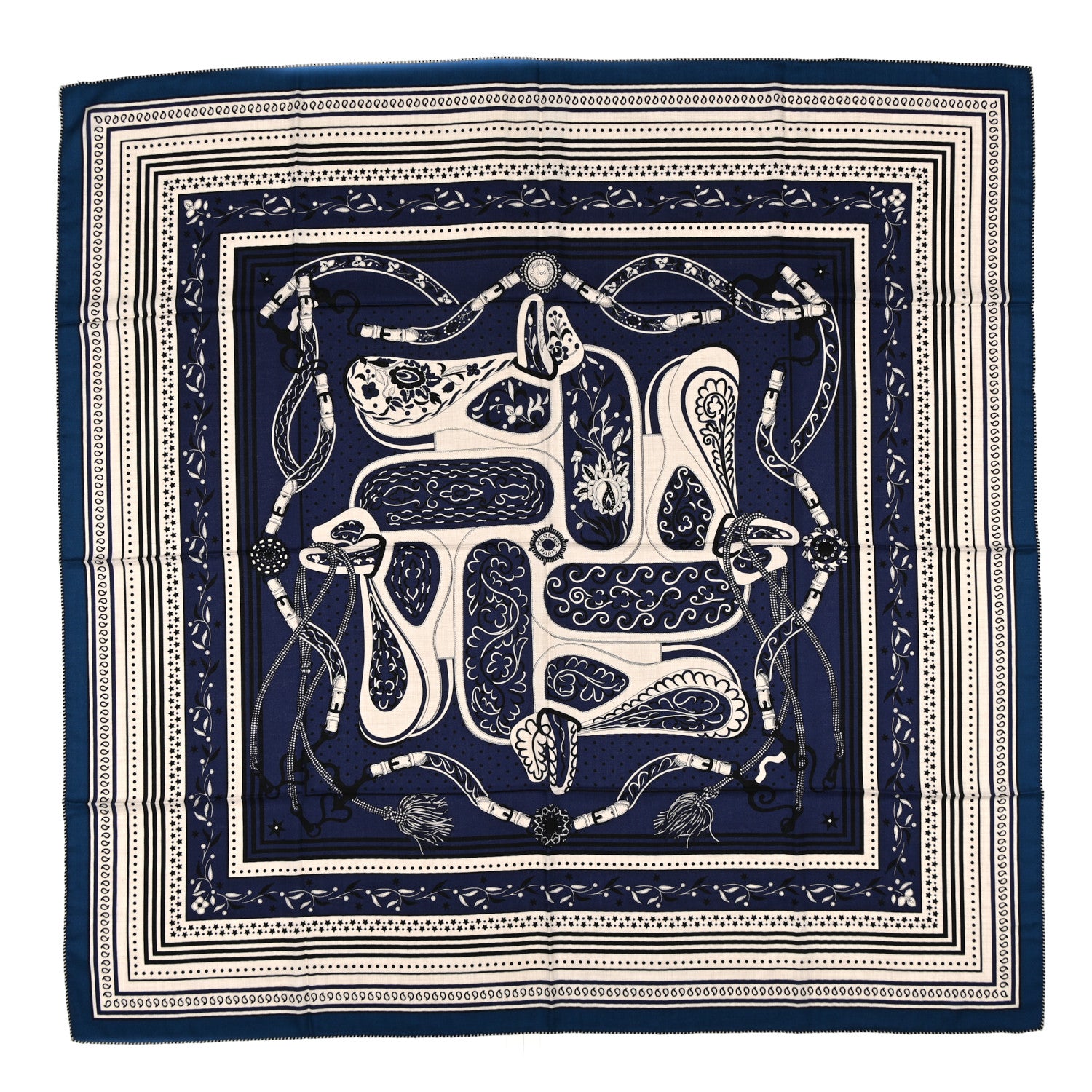 Hermes Cashmere Silk Festival Des Amazones Shawl 140 Marine Naturel Black 1 of 3