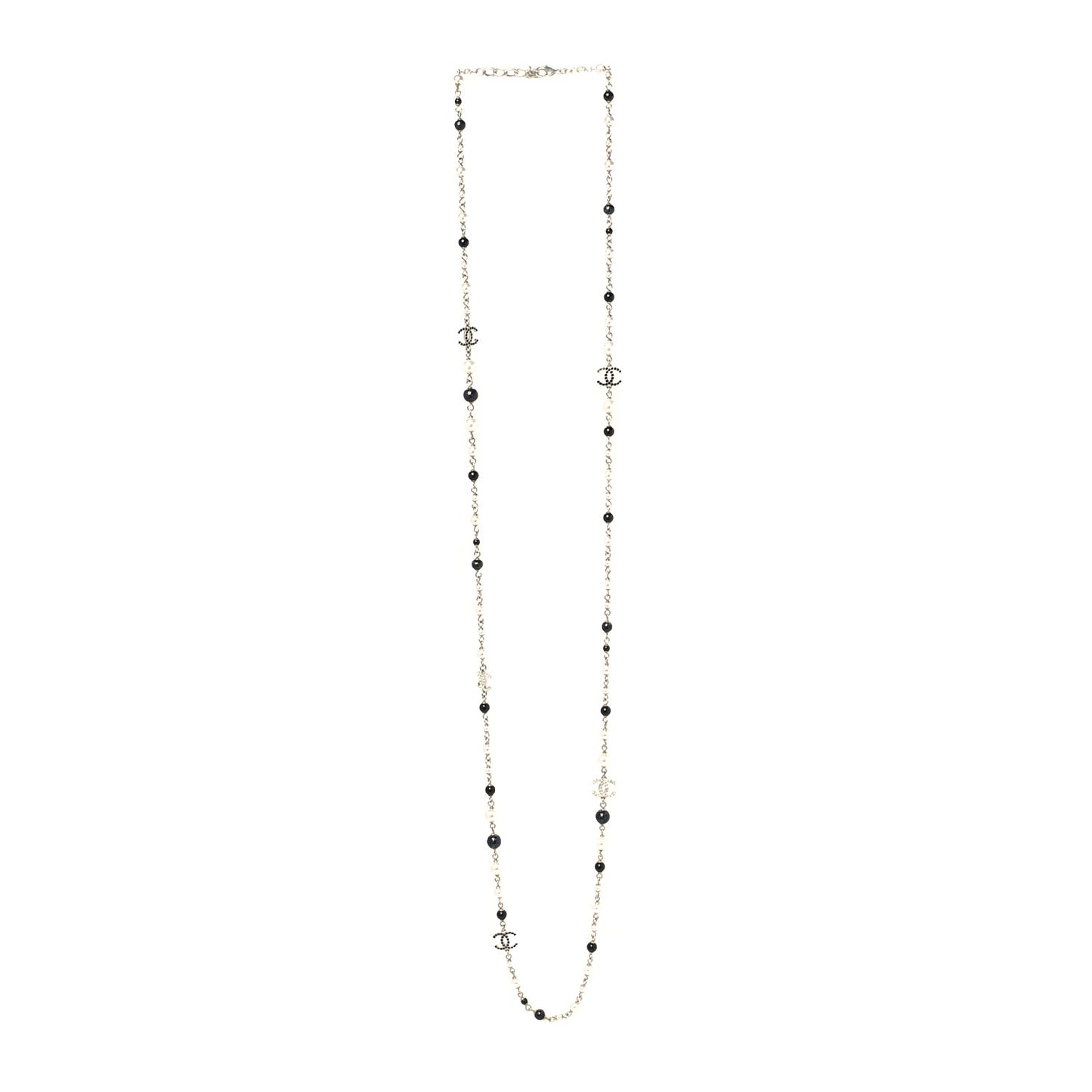 Pearl Bead Crystal CC Long Necklace Black Gold