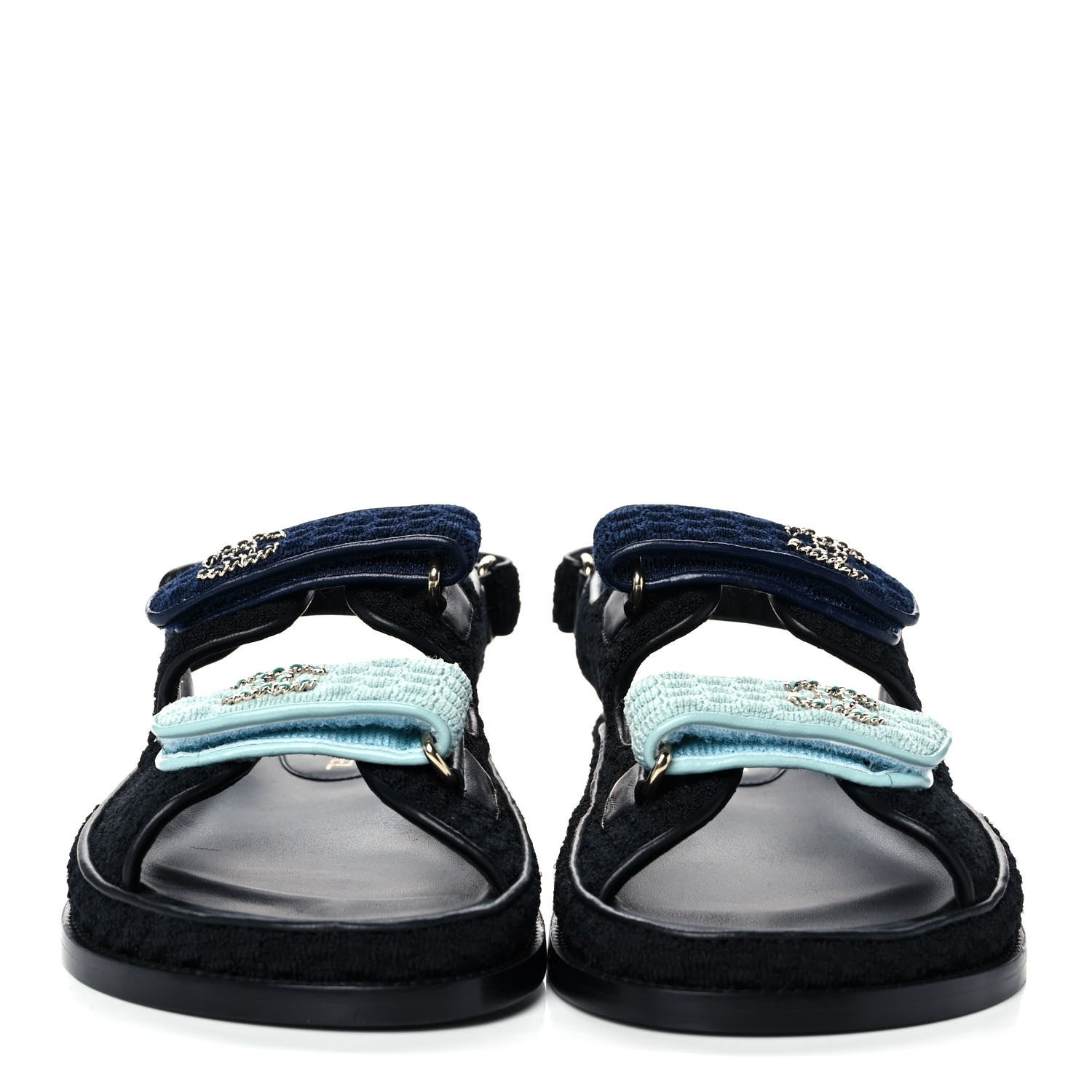 Chanel Knit Fabric Velcro Dad Sandals 38.5 Black Dark Blue Light Blue 4 of 9