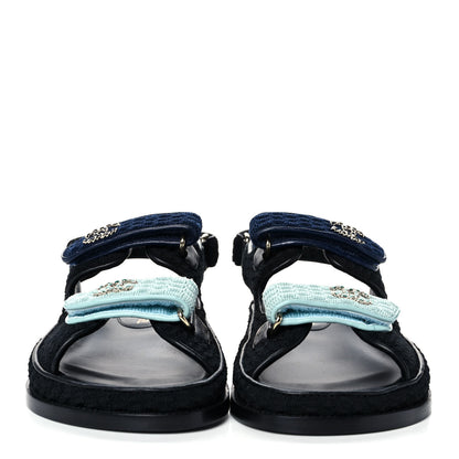 Chanel Knit Fabric Velcro Dad Sandals 38.5 Black Dark Blue Light Blue 4 of 9