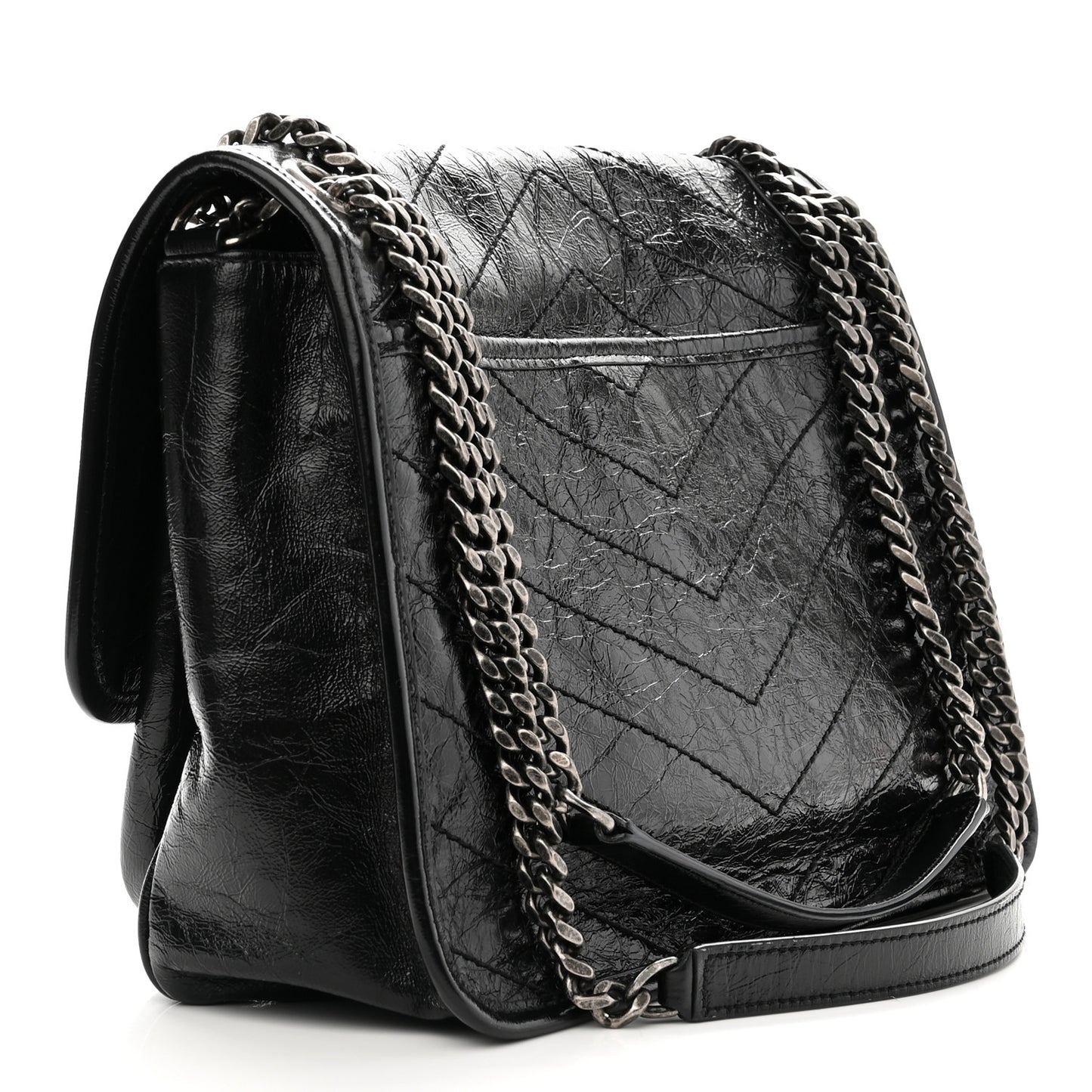 Crinkled Calfskin Matelasse Monogram Medium Niki Chain Satchel Black