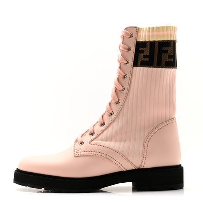 Fendi Calfskin Stretch Fabric Rockoko Biker Boots 36.5 Rose Clair Tobacco 1 of 8