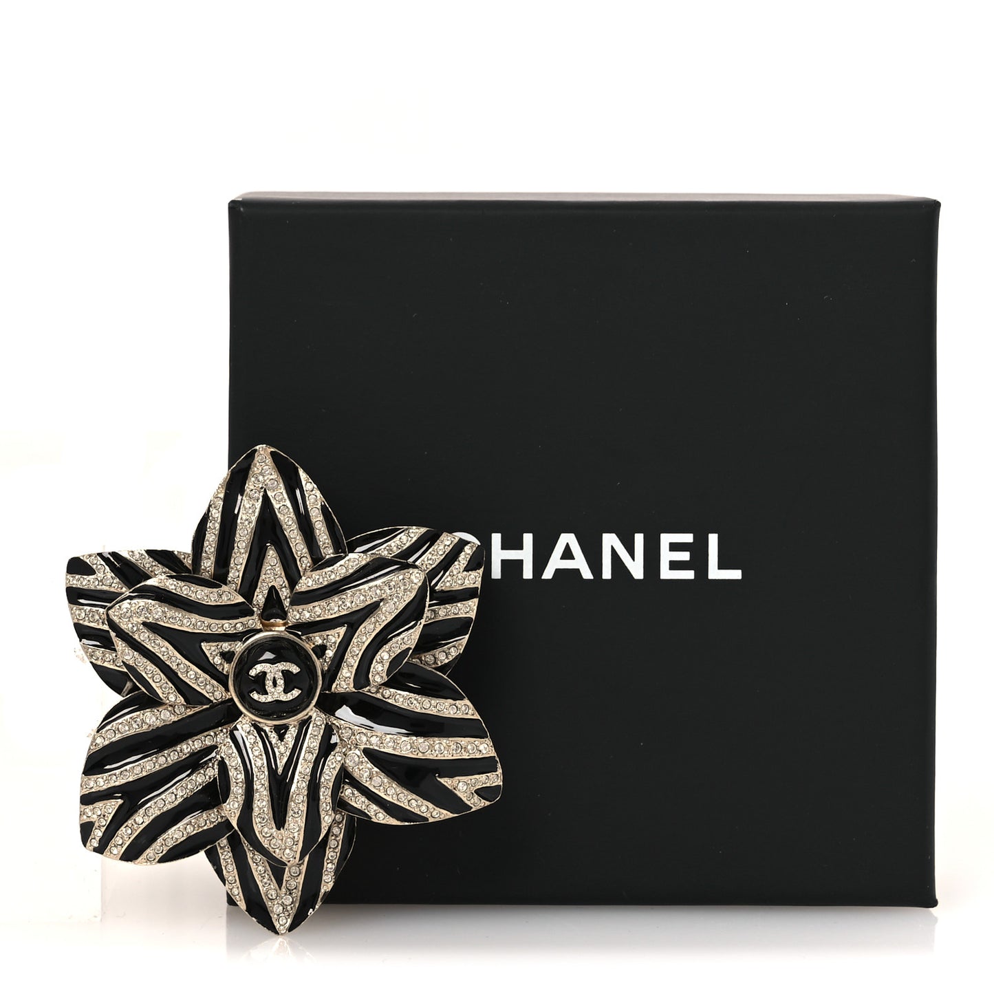 Metal Enamel Crystal CC Camelia Brooch Gold Black