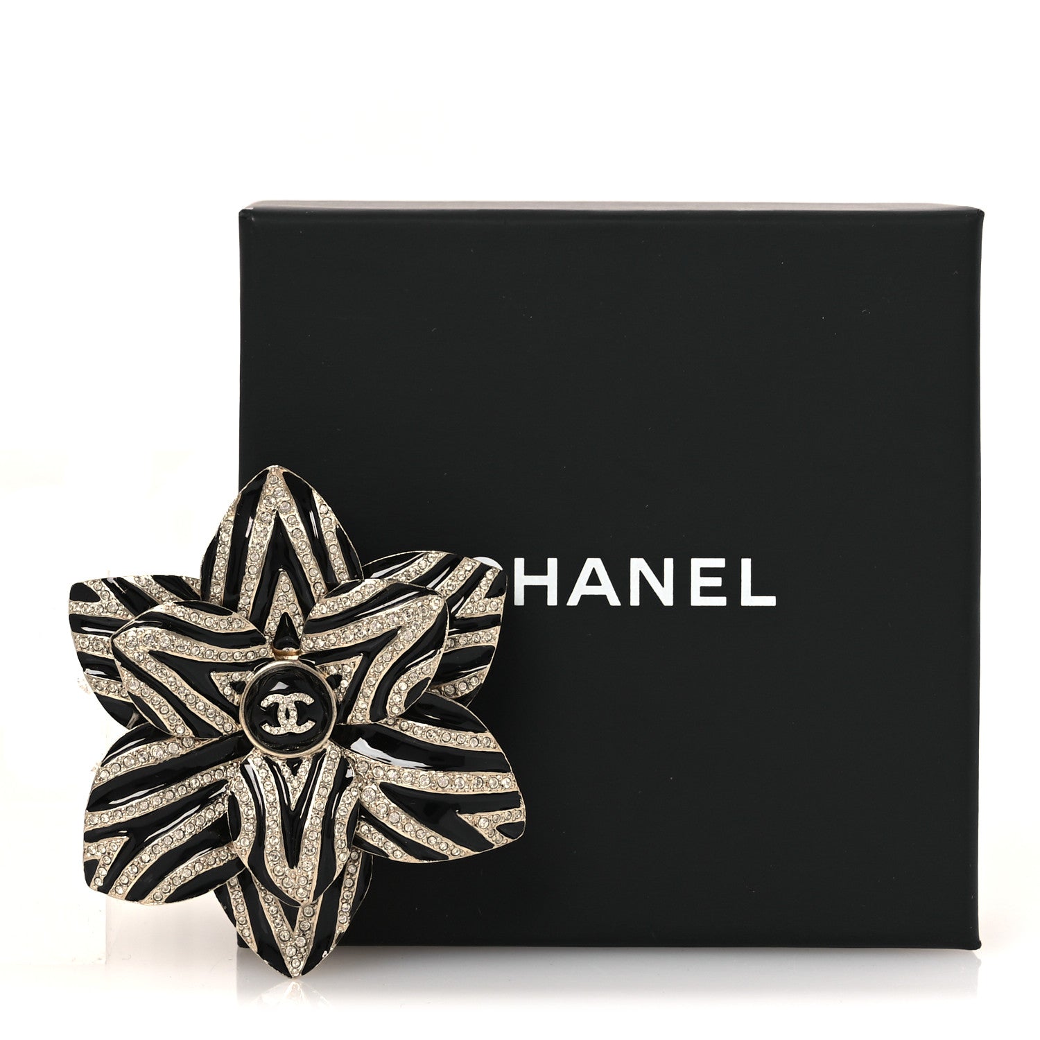 Chanel Metal Enamel Crystal CC Camelia Brooch Gold Black 6 of 6
