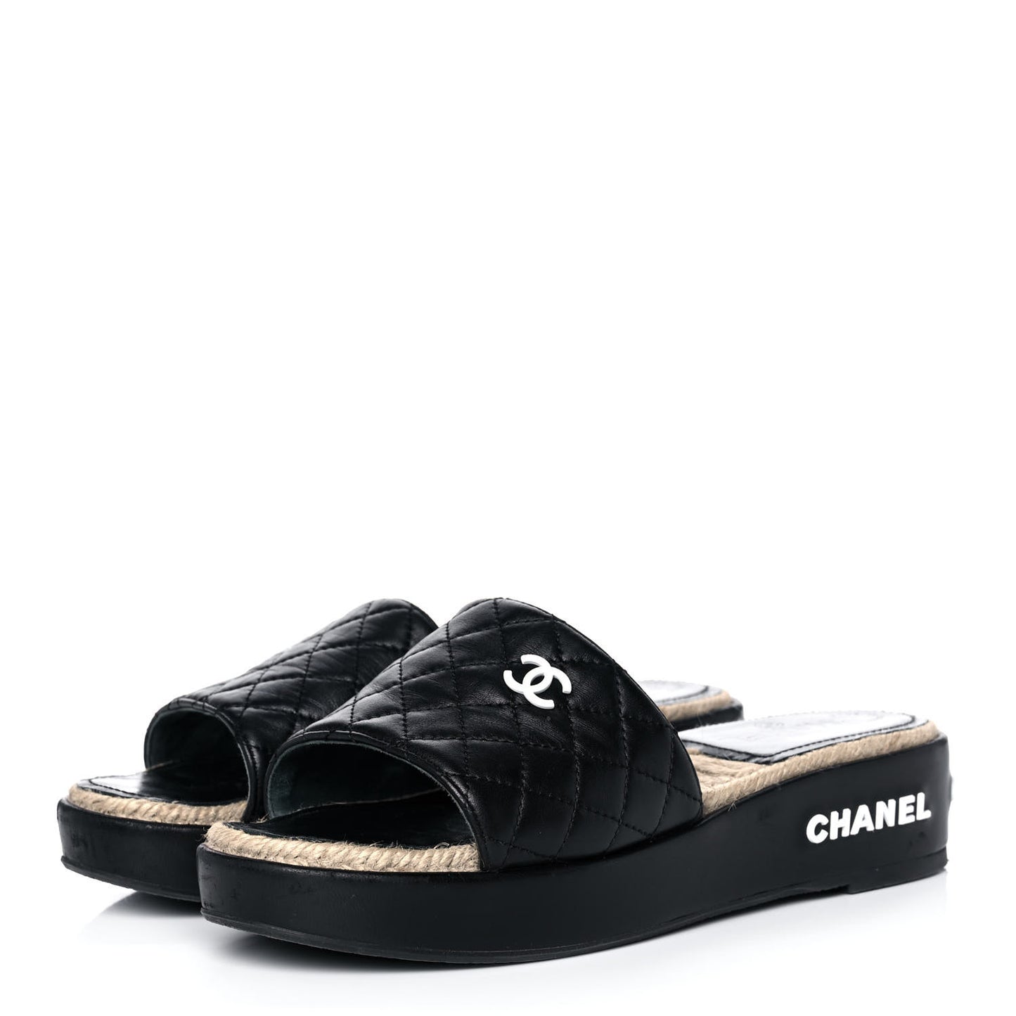 Lambskin Quilted CC Espadrille Slip On Sandals 39 Black