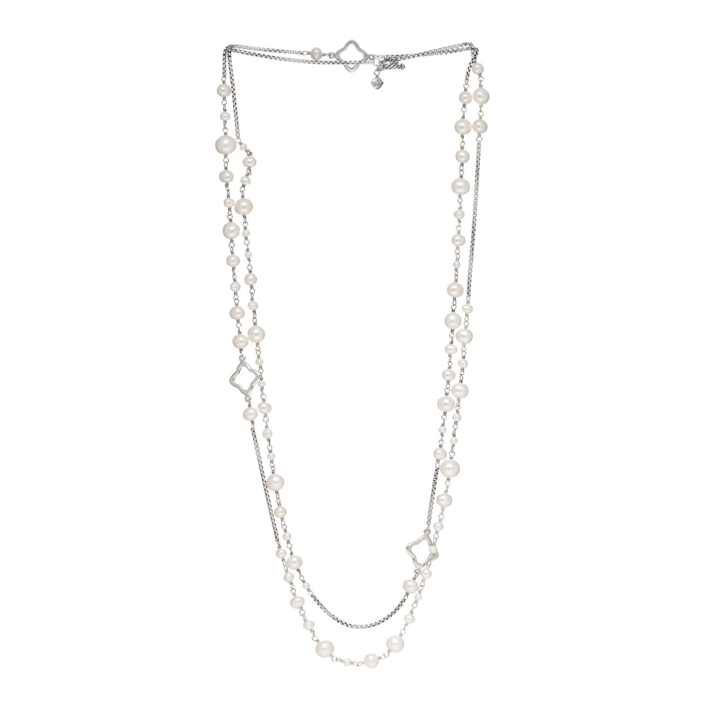 Sterling Silver Pearl 7.5mm Quatrefoil Long Chain Necklace