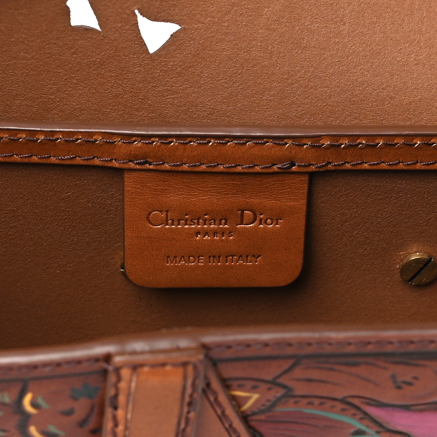 Christian Dior Calfskin Painted Laser Cut Saddle Bag With Strap Brown Multicolor 7 of 9