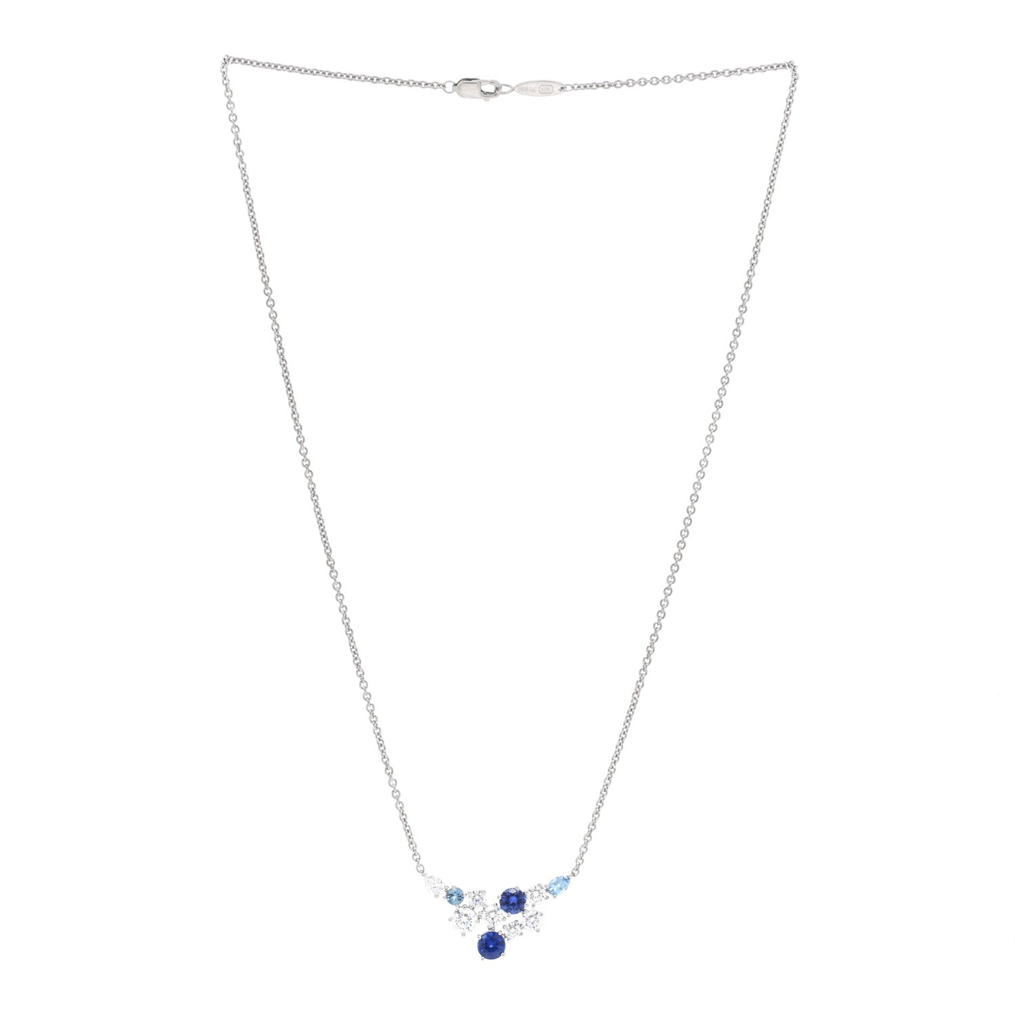 Platinum Diamond Aquamarine Blue Sapphire Sparkling Cluster Pendant Necklace