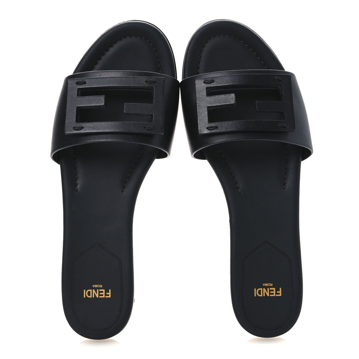 Calfskin FF Logo Plaque Slide Sandals 38 Black