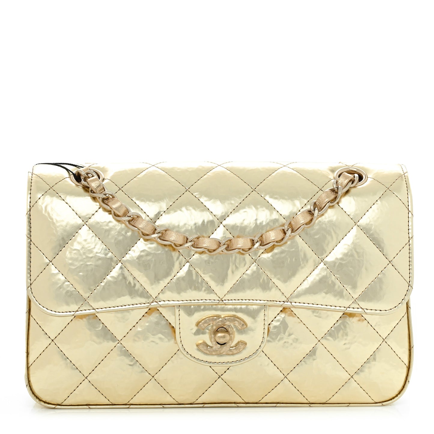Hammered Metallic Calfskin Quilted Small Double Flap Gold