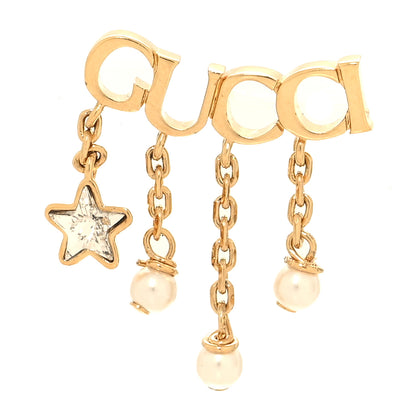 Gucci Metal Crystal Pearl Script Drop Single Earring Gold 1 of 4