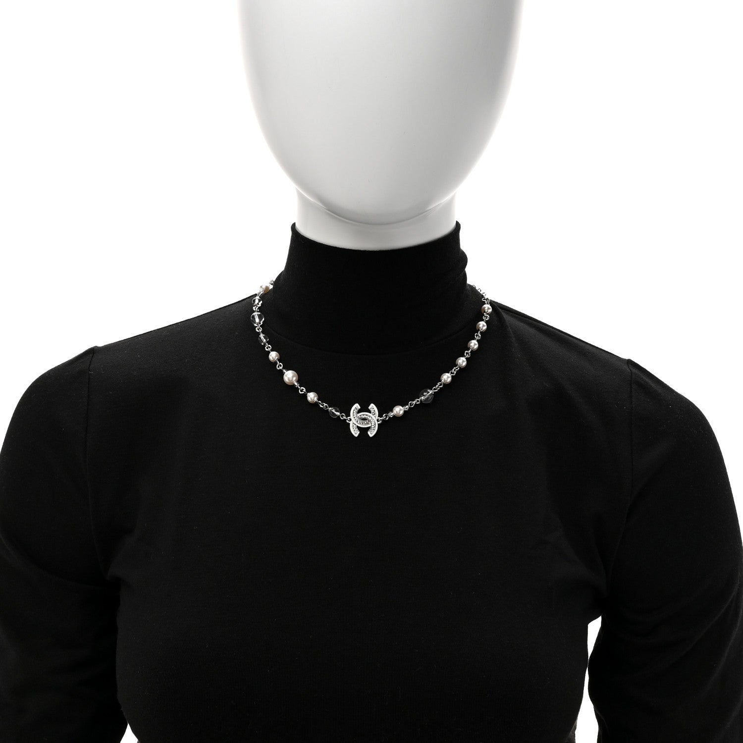 Chanel Pearl Resin Glitter CC Necklace Silver 2 of 5