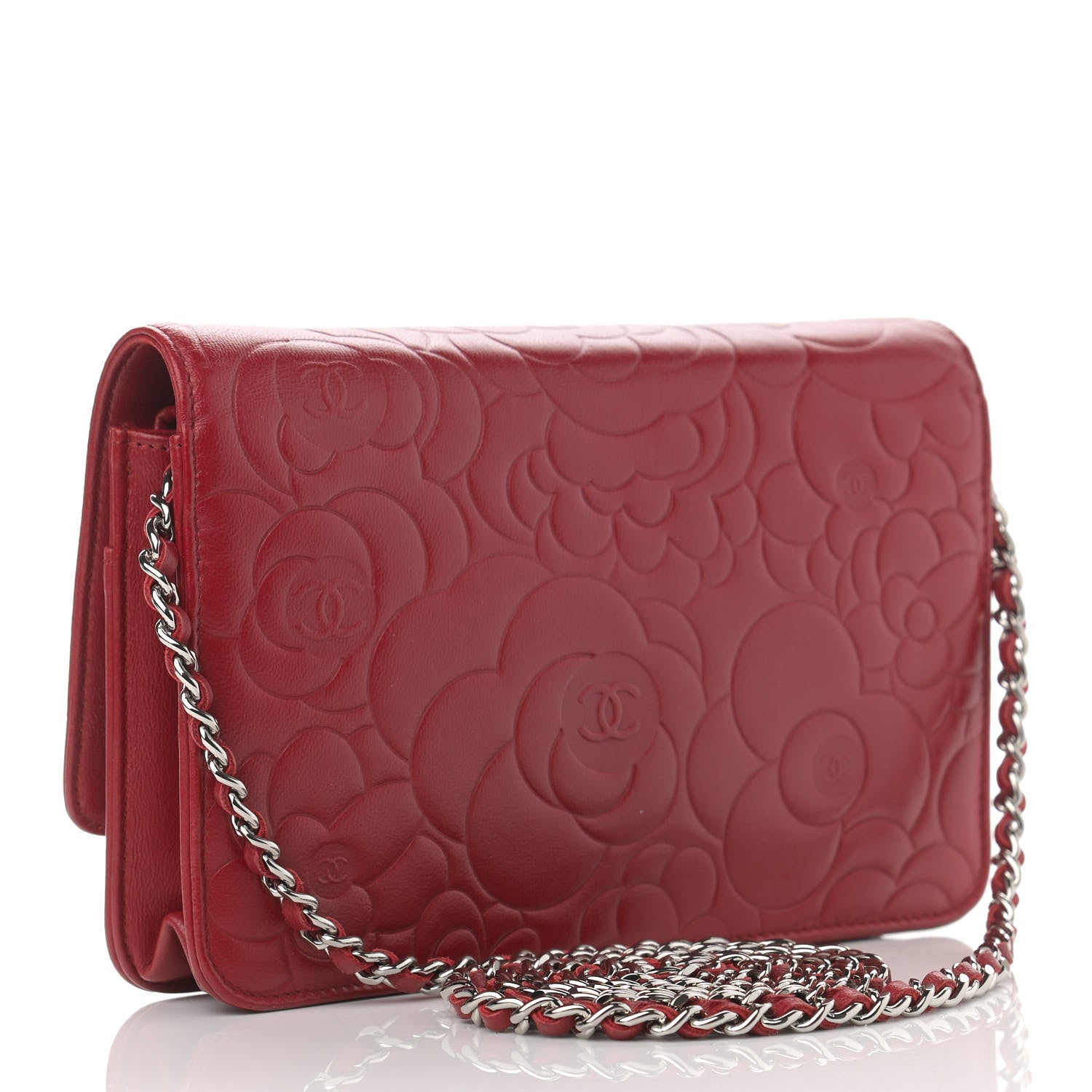 Chanel Lambskin Camellia Embossed Wallet On Chain WOC Red 3 of 14