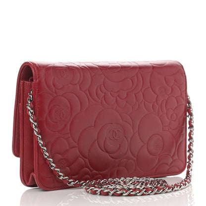 Chanel Lambskin Camellia Embossed Wallet On Chain WOC Red 3 of 14