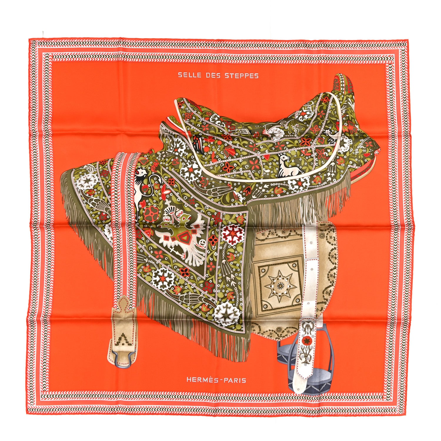 Hermes Silk Selle Des Steppes Scarf 90 Orange Kaki Corail 1893683