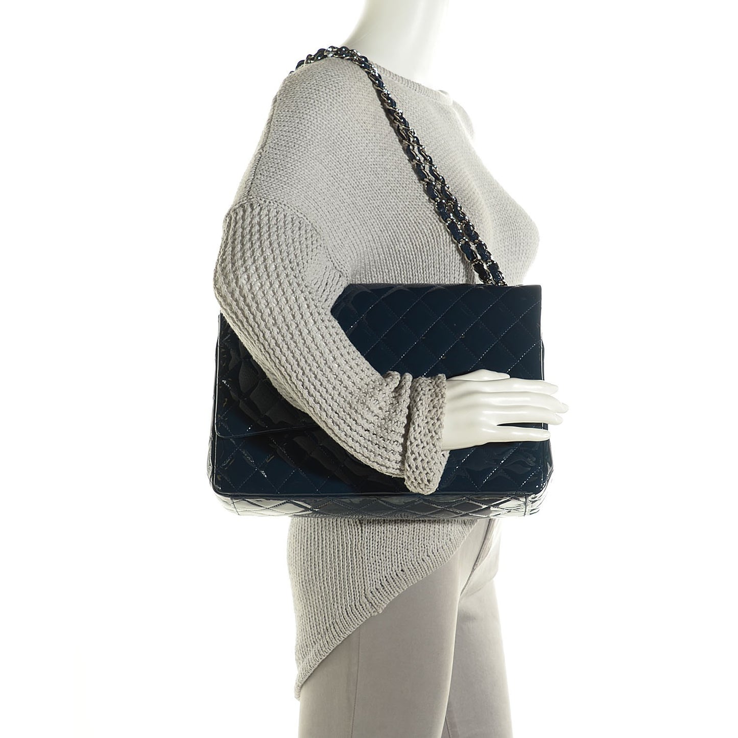 Patent Quilted Maxi Double Flap Navy Blue