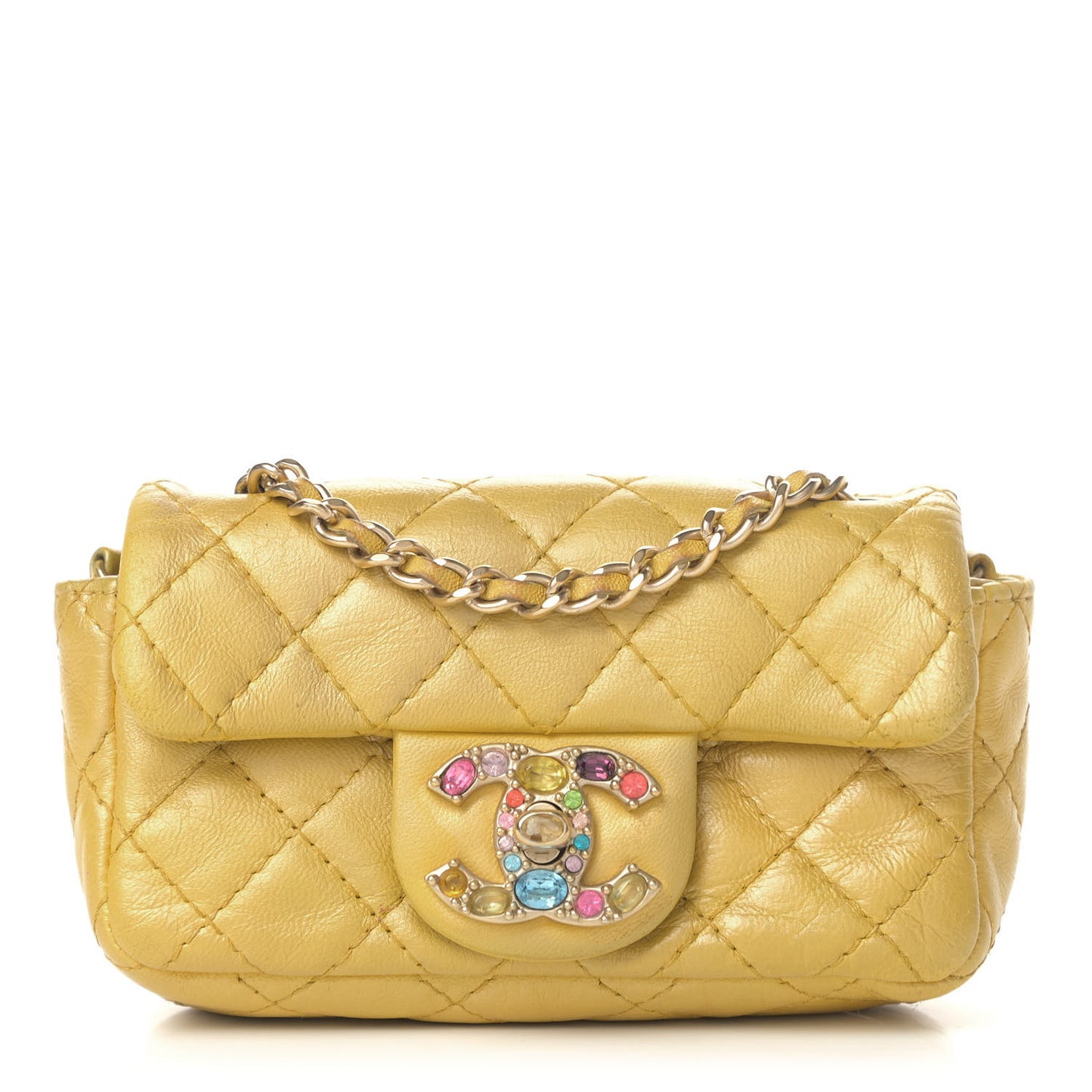 Iridescent Lambskin Quilted Extra Mini Precious Jewel Flap Yellow