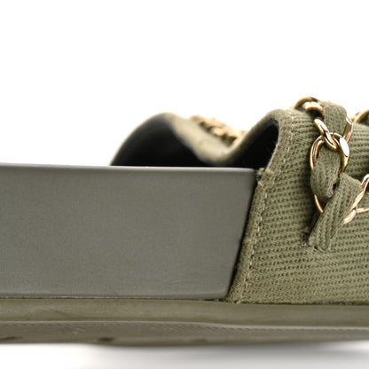 Chanel Satin Canvas Chain Slides Sandals Flats 40 Khaki 14 of 16