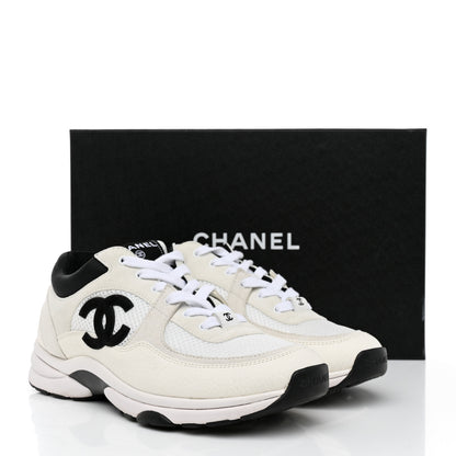 Chanel Mesh Suede Calfskin Grained Calfskin Womens CC Sneakers 38.5 White Black 9 of 9