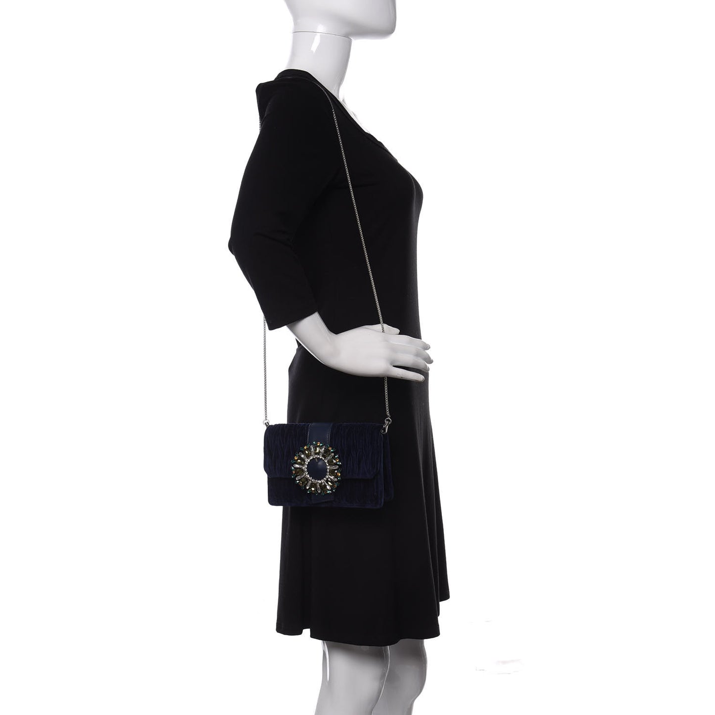 Velluto Matelasse Crystal Embellished Chain Shoulder Bag Inchiostro