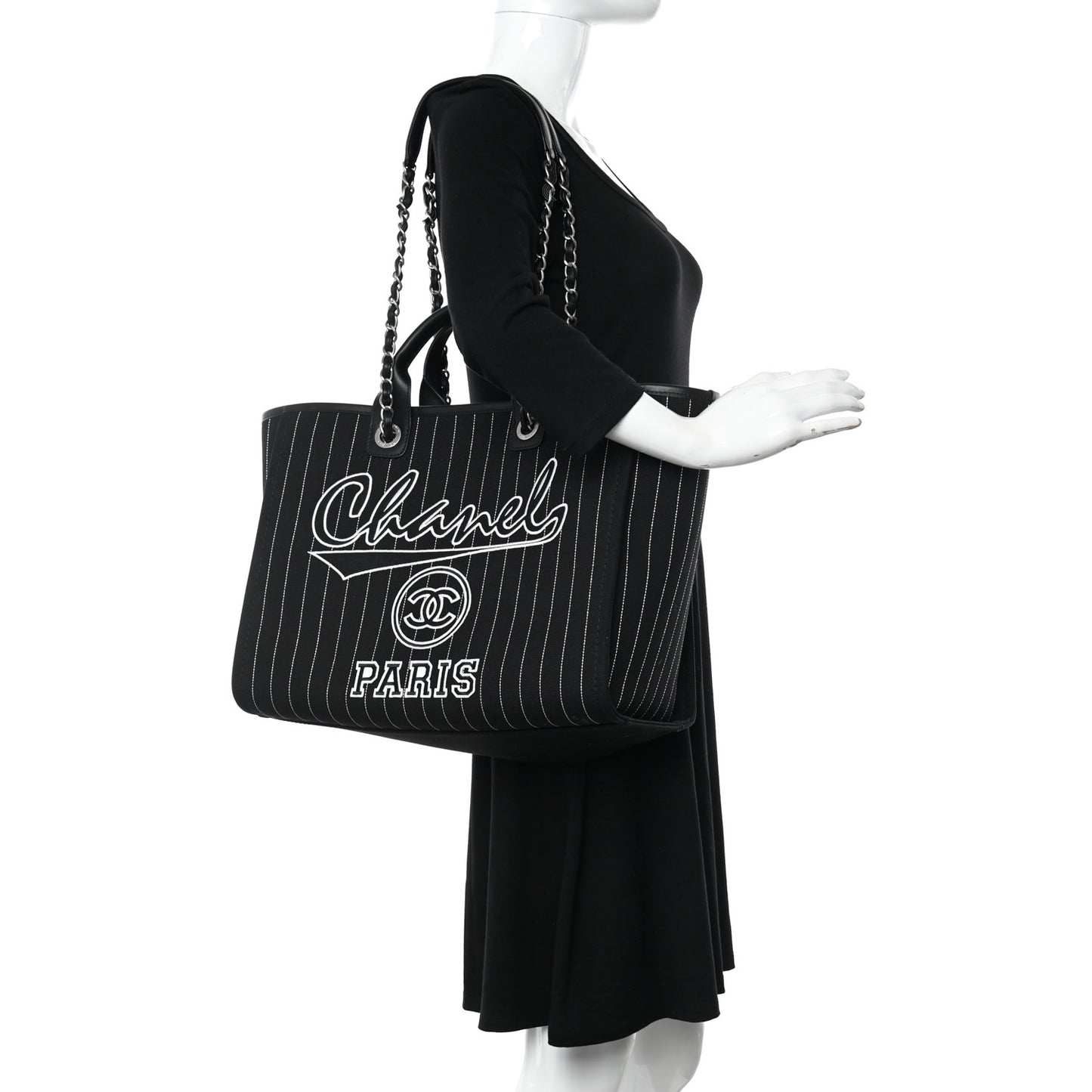 Canvas Calfskin Striped Medium Deauville Tote Black White