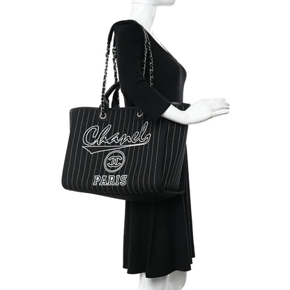 Chanel Canvas Calfskin Striped Medium Deauville Tote Black White 2 of 12