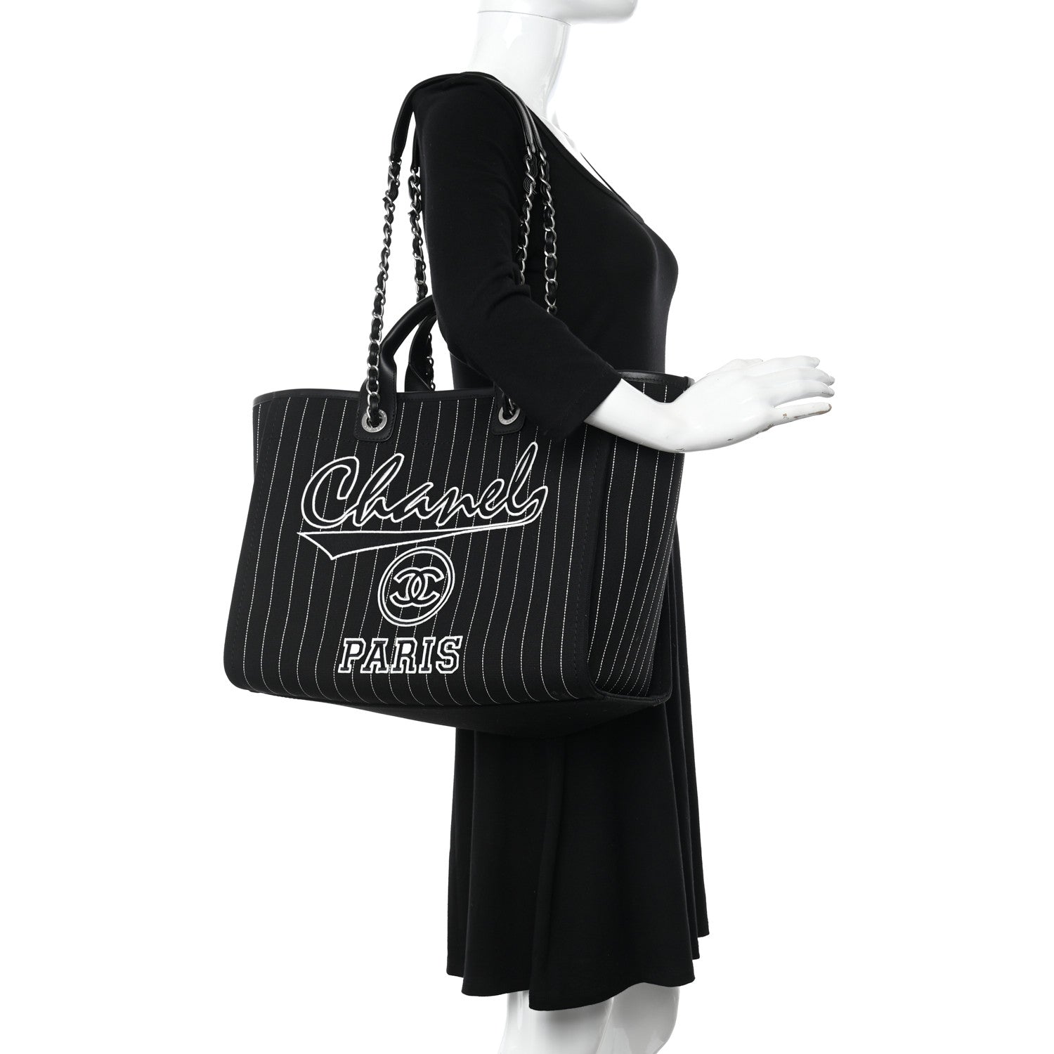 Chanel Canvas Calfskin Striped Medium Deauville Tote Black White 2 of 12