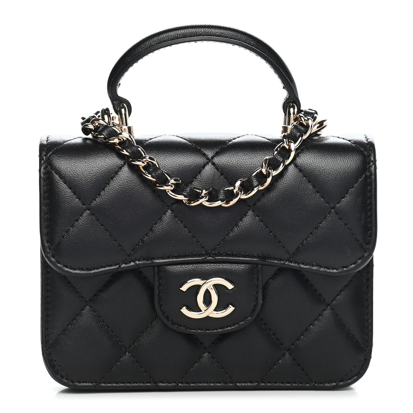Lambskin Quilted Top Handle Flap Coin Purse With Chain Black