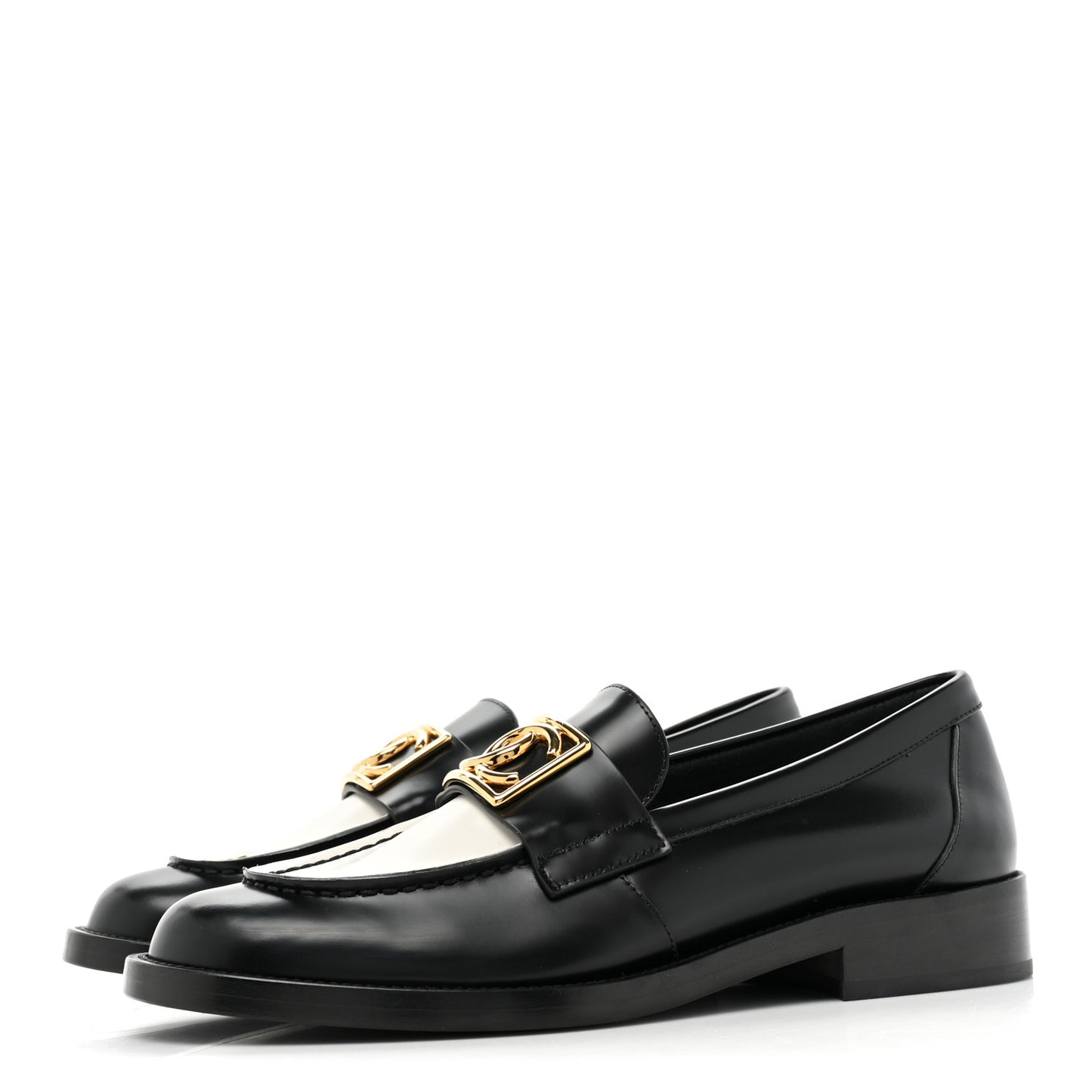 Shiny Calfskin CC Loafers Black White 38 Black White