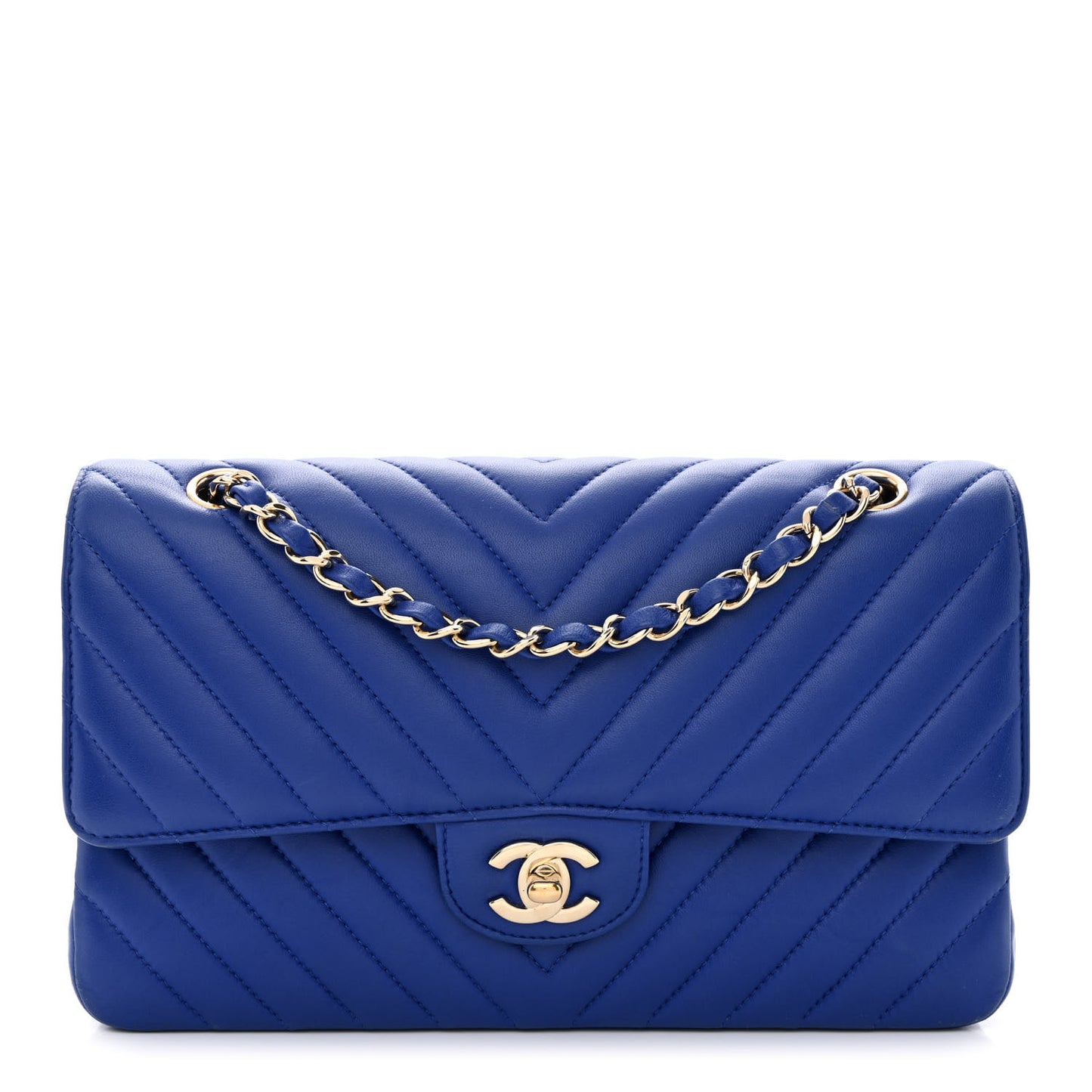 Lambskin Chevron Quilted Medium Double Flap Blue