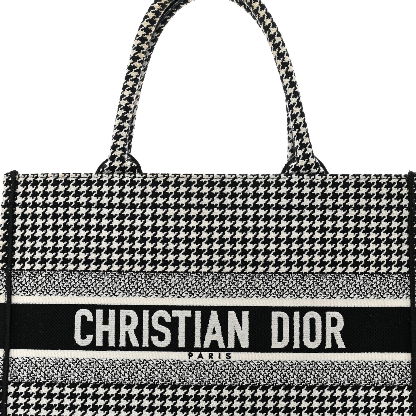 Canvas Houndstooth Embroidered Medium Book Tote Black White