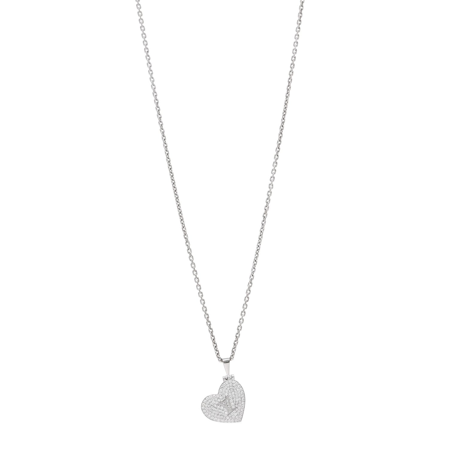 Louis Vuitton 18k White Gold Diamond Heart Locket Pendant Necklace 1 of 5