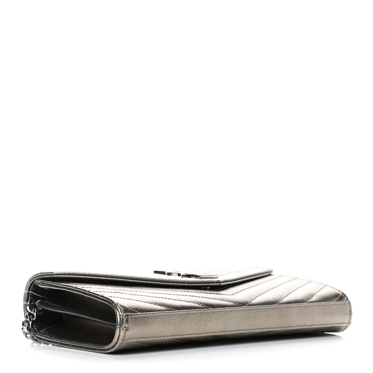 Saint Laurent Metallic Grain De Poudre Matelasse Chevron Monogram Chain Wallet Piombo 5 of 8