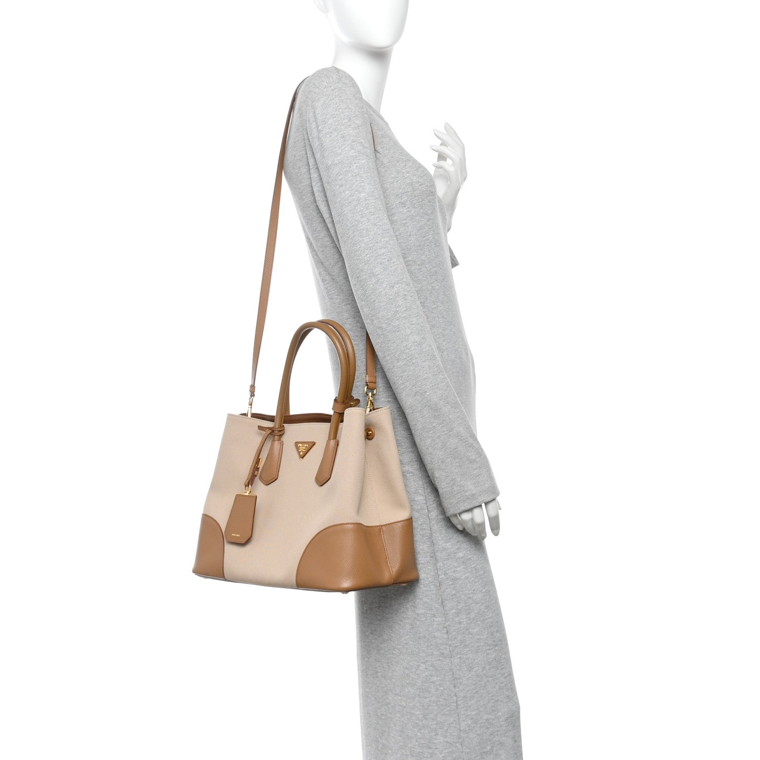 Prada Canvas Saffiano Cuir Calfskin Top Handle Tote Beige 2 of 9