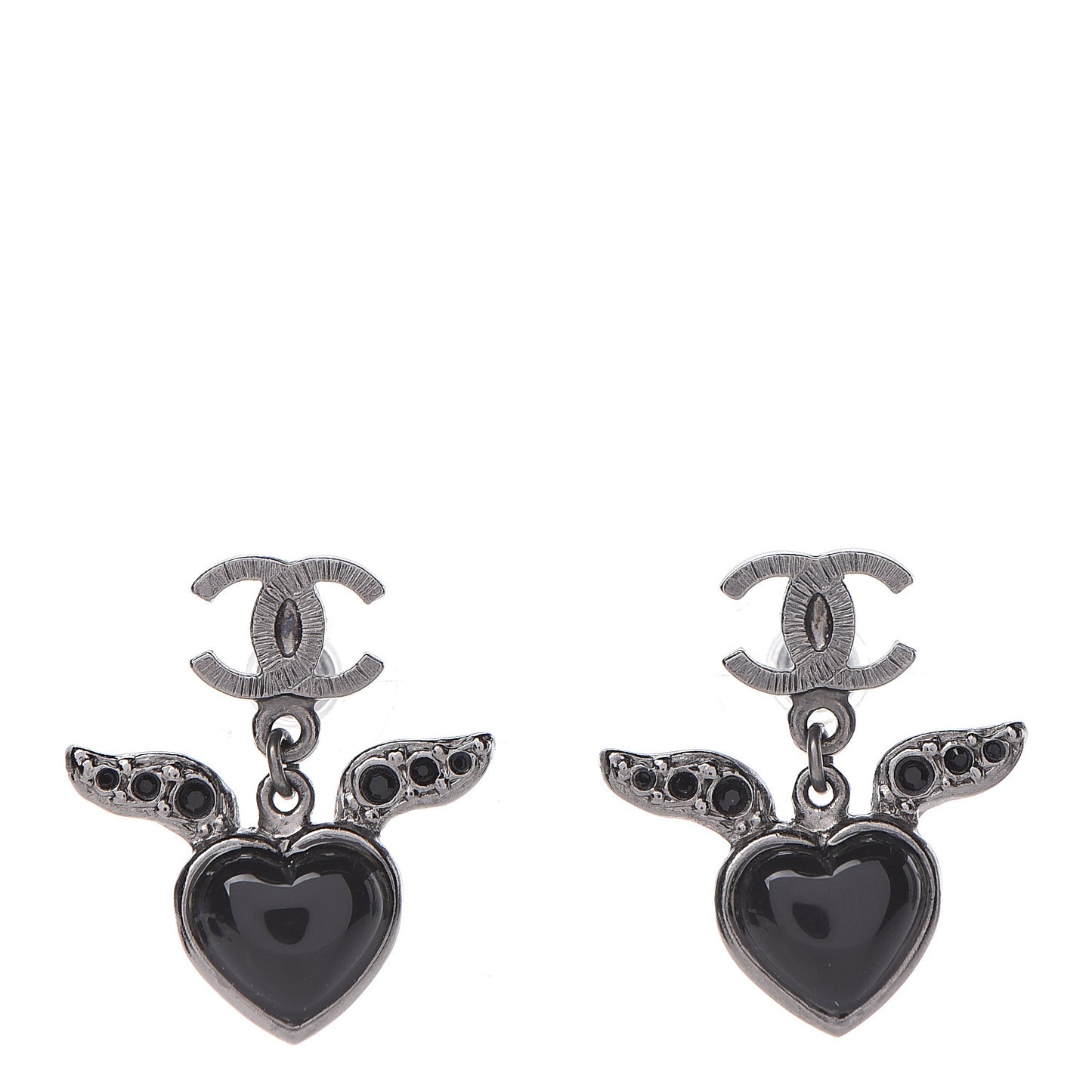 Enamel Crystal Heart CC Drop Earrings Black Silver