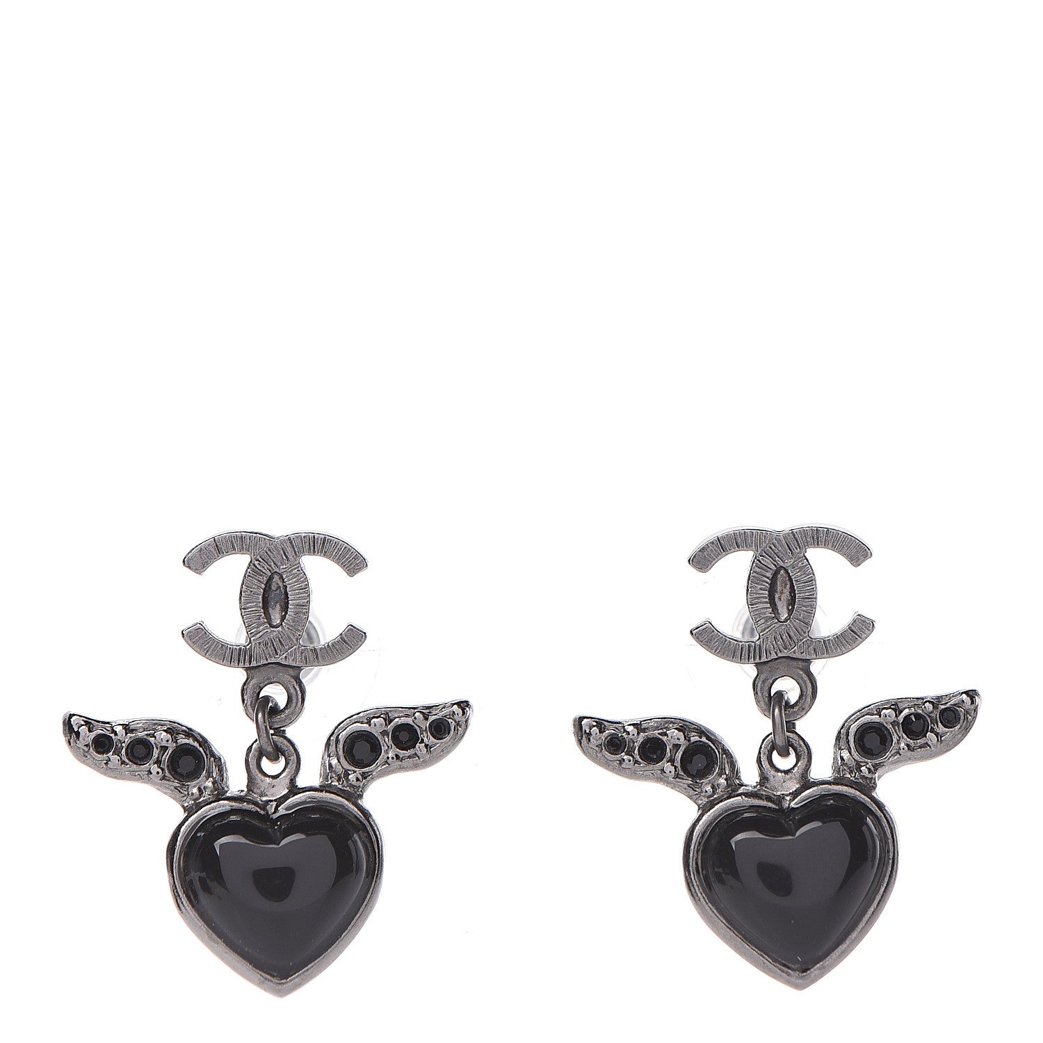 Chanel Enamel Crystal Heart CC Drop Earrings Black Silver 1 of 5