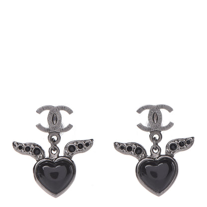 Chanel Enamel Crystal Heart CC Drop Earrings Black Silver 1 of 5