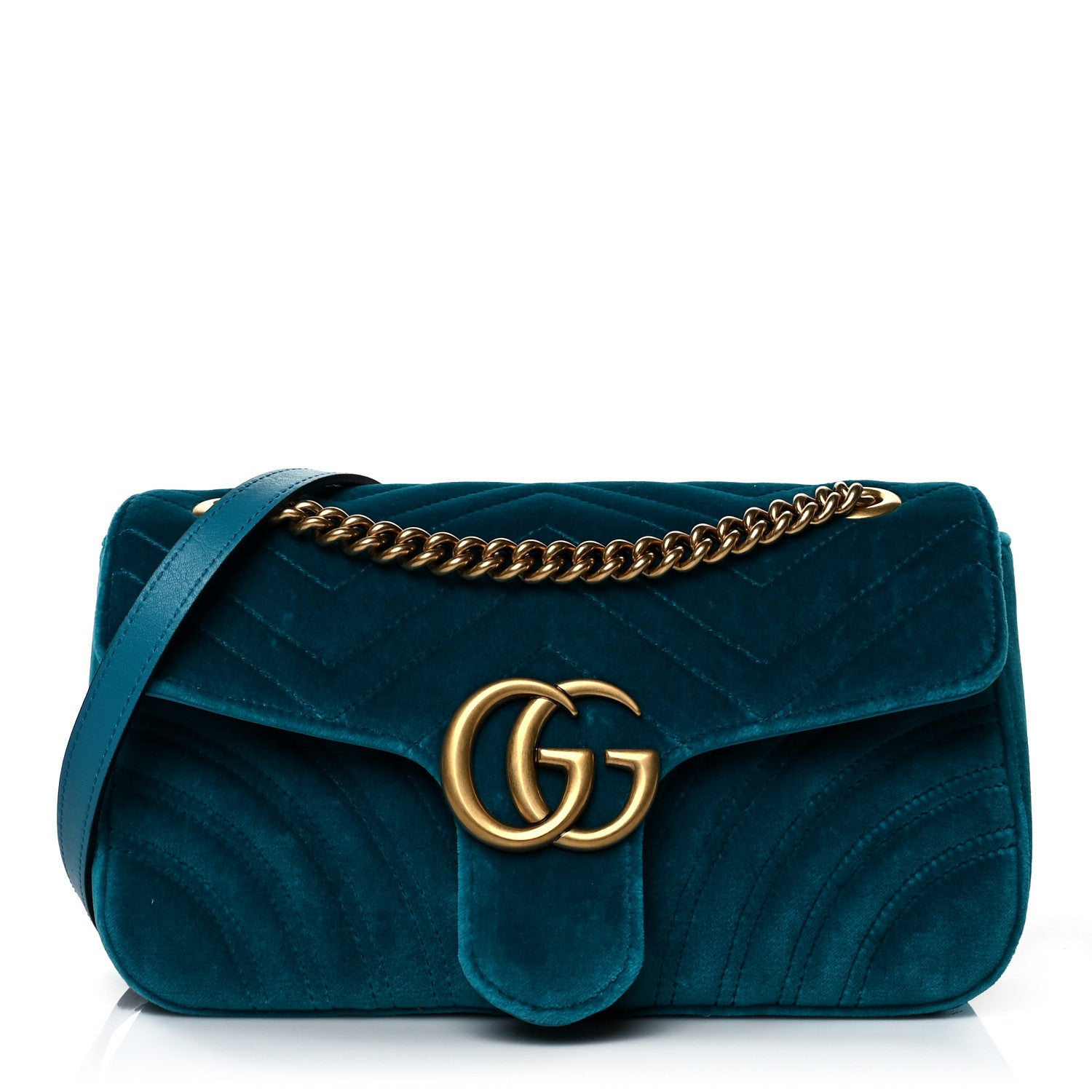 Gucci Velvet Matelasse Small GG Marmont Shoulder Bag Pavone Cyan 1 of 10