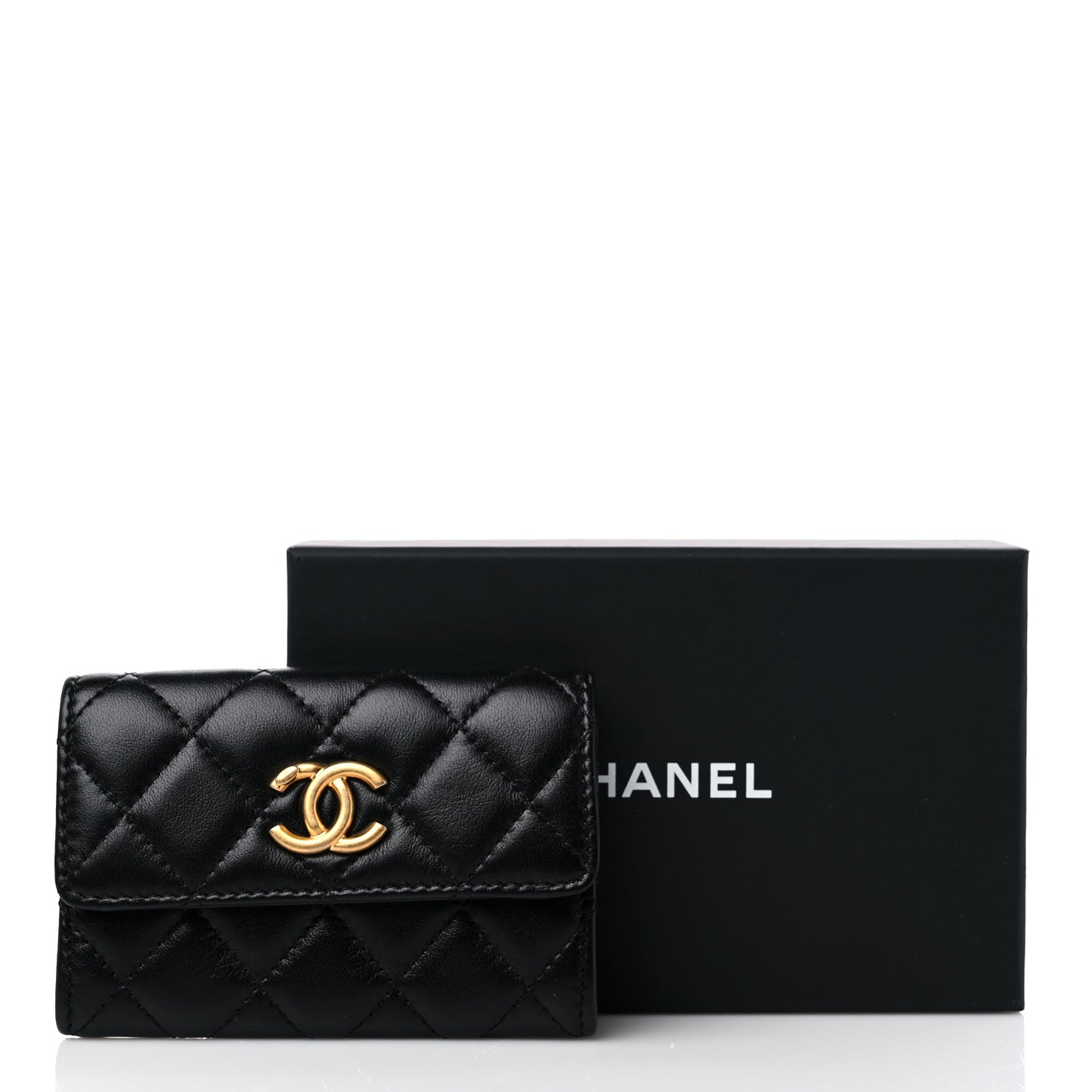 Lambskin Quilted Flap Card Holder Black