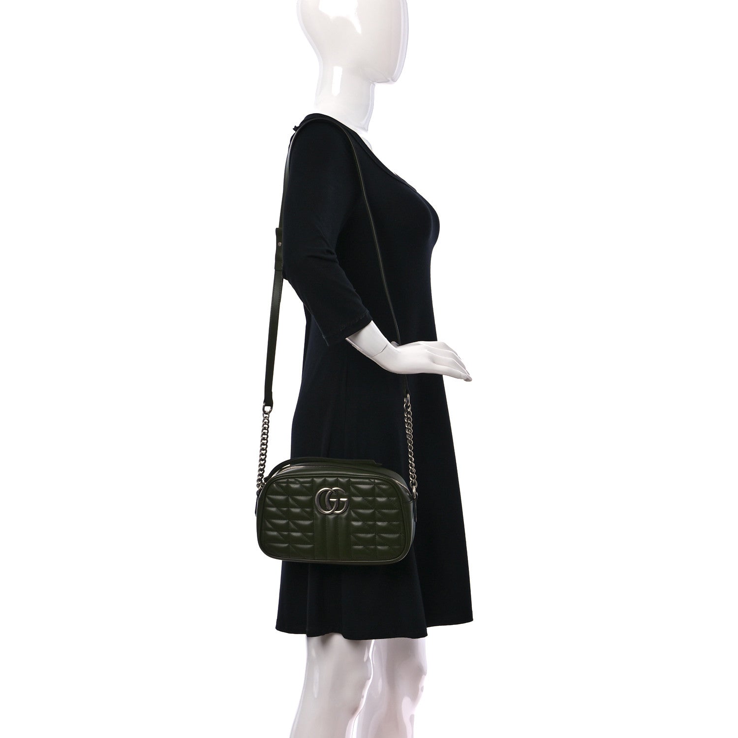 Gucci Calfskin Matelasse Aria Small GG Marmont Chain Shoulder Bag Military Wood 2 of 12