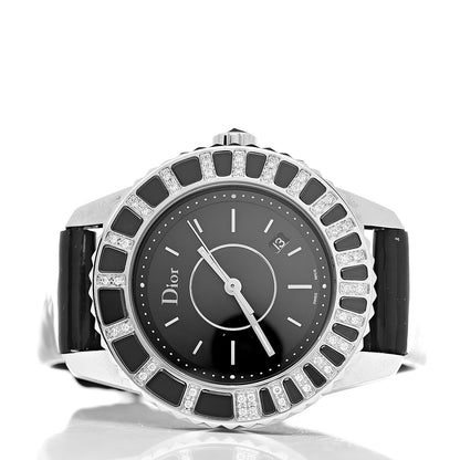 Christian Dior Stainless Steel Patent Diamond Sapphire 33mm Christal Quartz Watch Black 1 of 7
