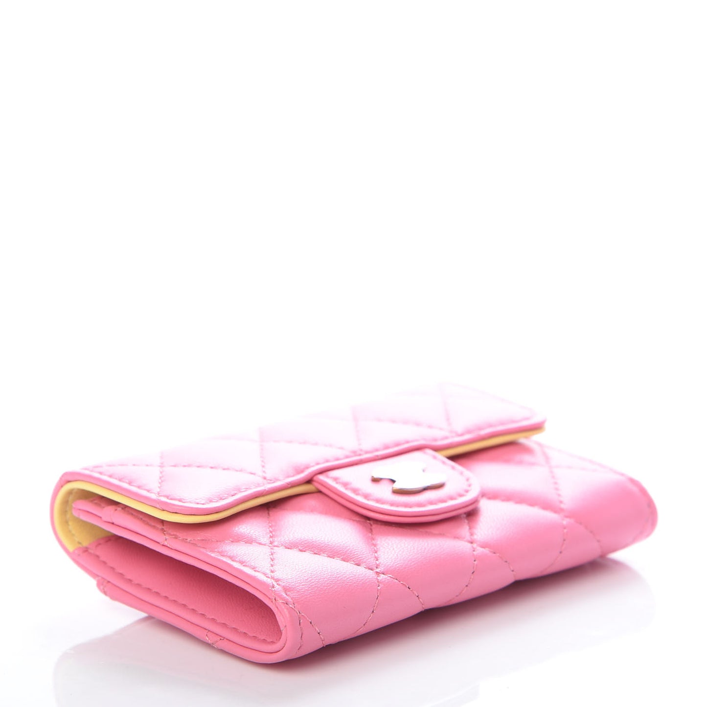 Lambskin Quilted Flap Card Holder Wallet Pink Yellow