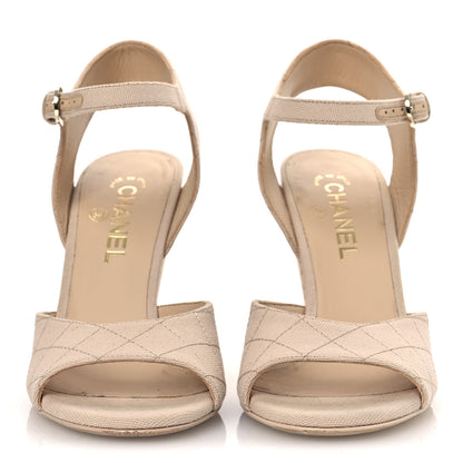 Chanel Canvas Quilted Peep Toe Wedge Sandals 39 Beige 3 of 12